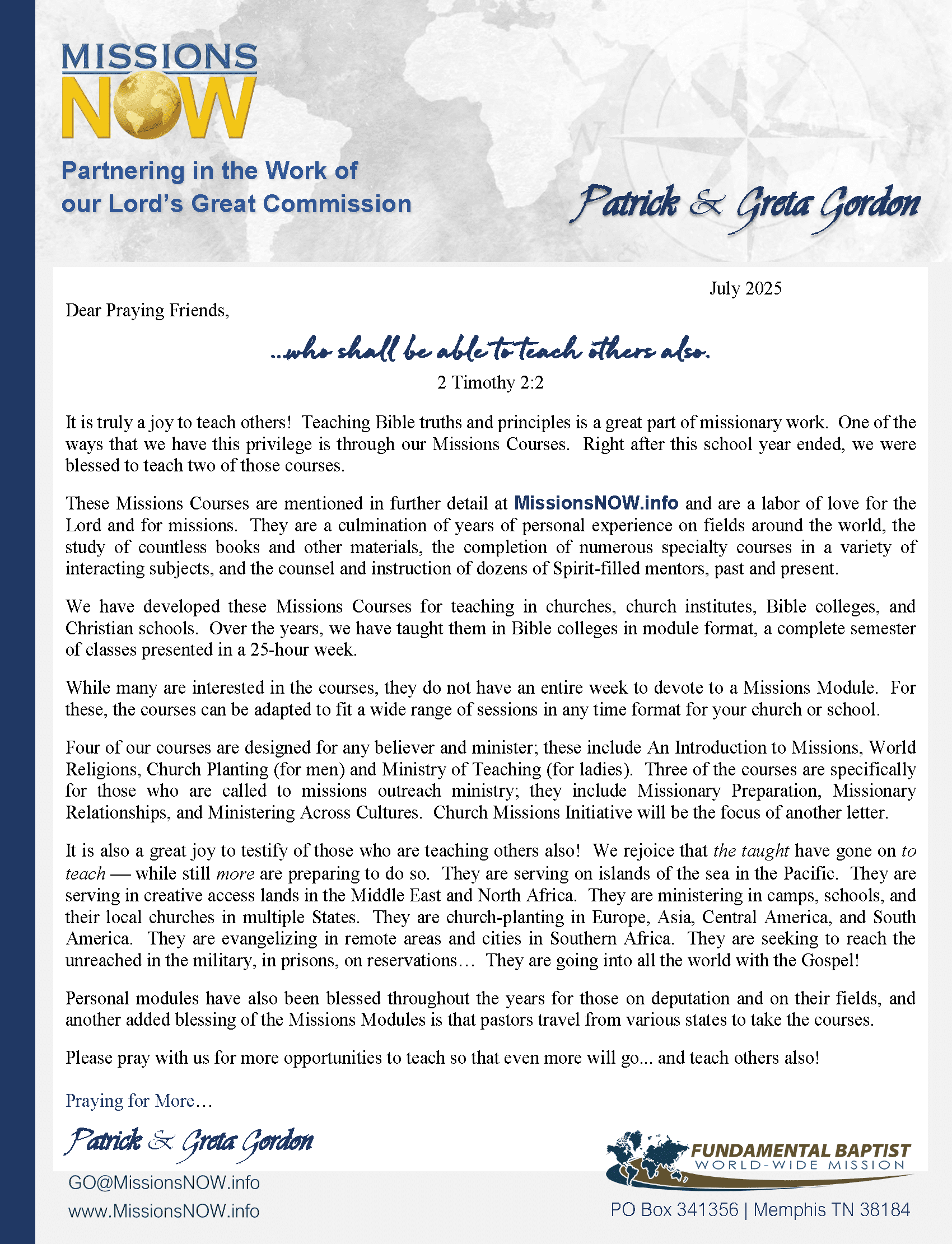 Gordon Prayer Letter -- July 2025