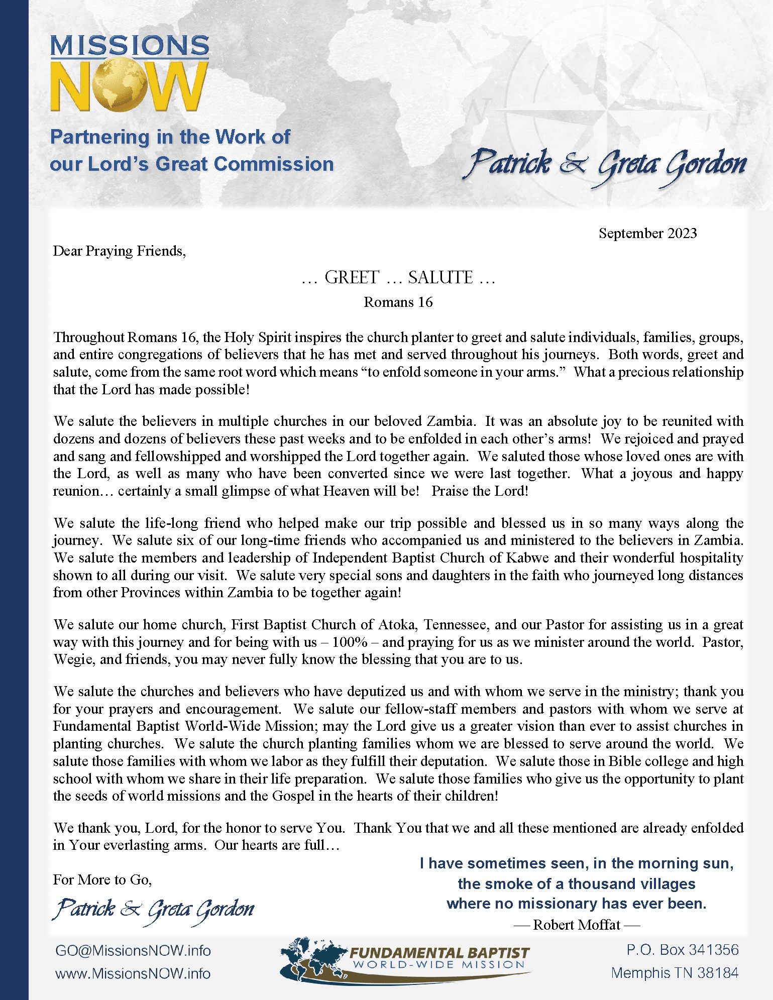 Gordon Prayer Letter -- September 2023