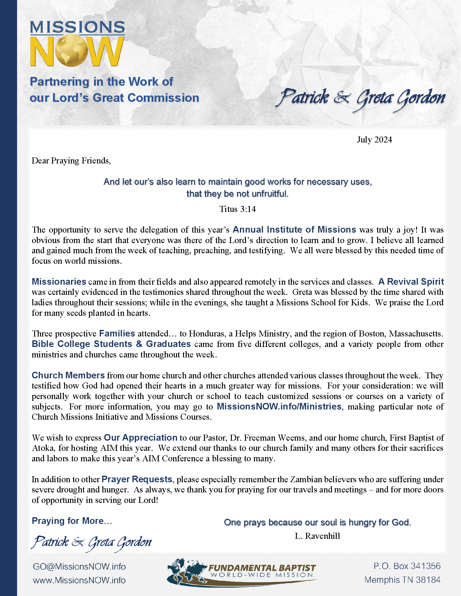 Gordon Prayer Letter -- July 2024