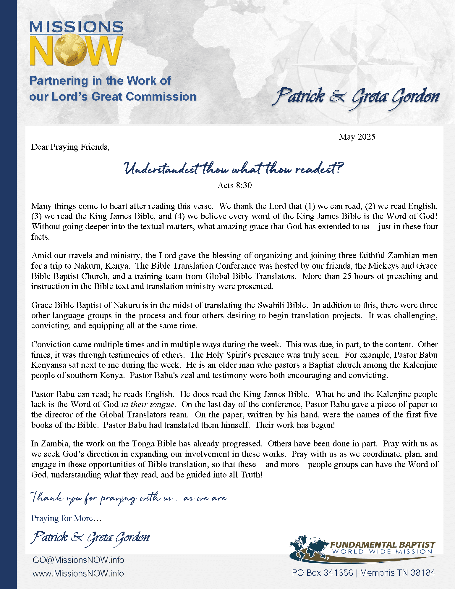 Gordon Prayer Letter -- May 2025