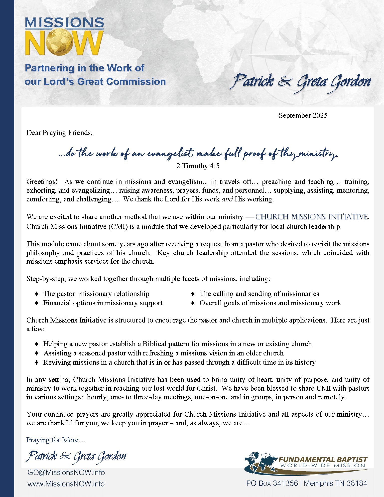 Gordon Prayer Letter -- September 2025