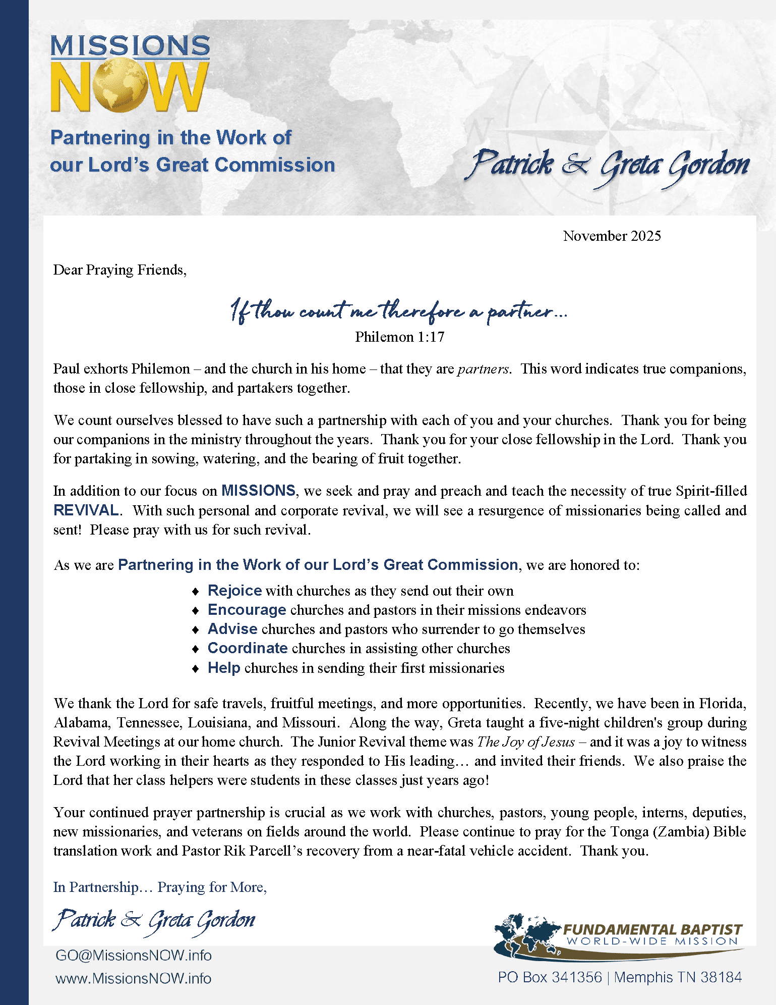 Gordon Prayer Letter -- November 2025