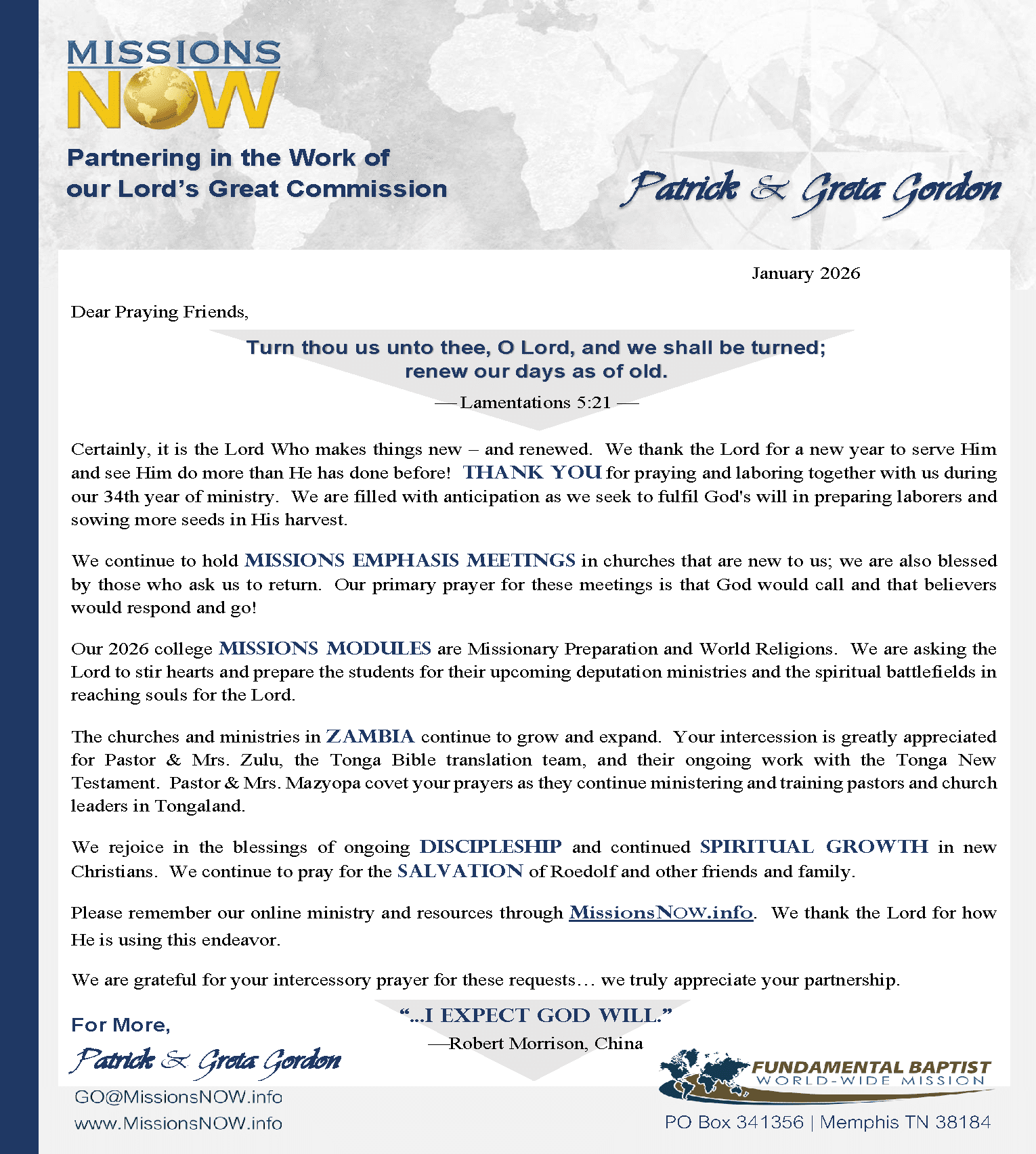 Gordon Prayer Letter -- January 2026