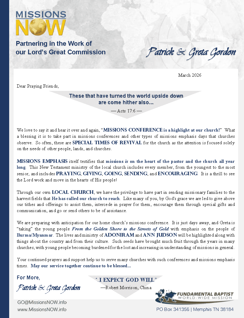 Gordon Prayer Letter -- March 2026