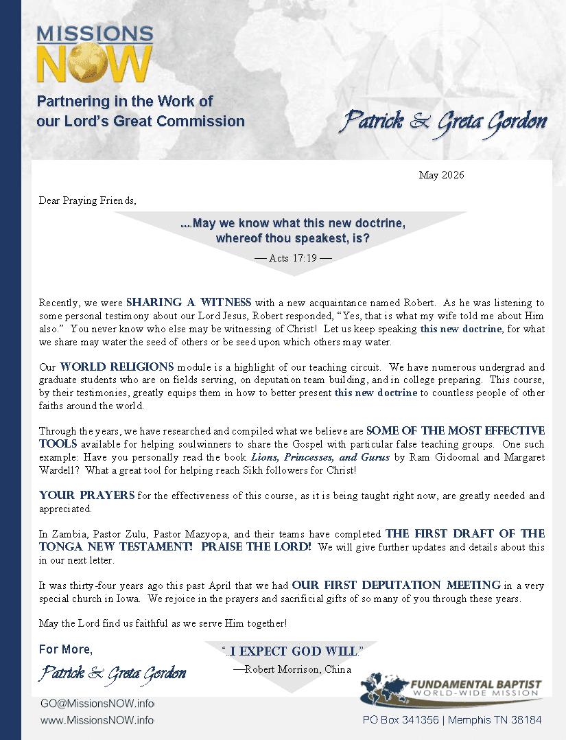 Gordon Prayer Letter -- May 2026